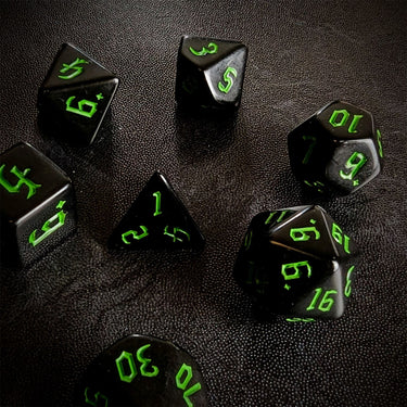 Green on Solid Black Acrylic - 7pcs RPG Full Dice Set Scatter